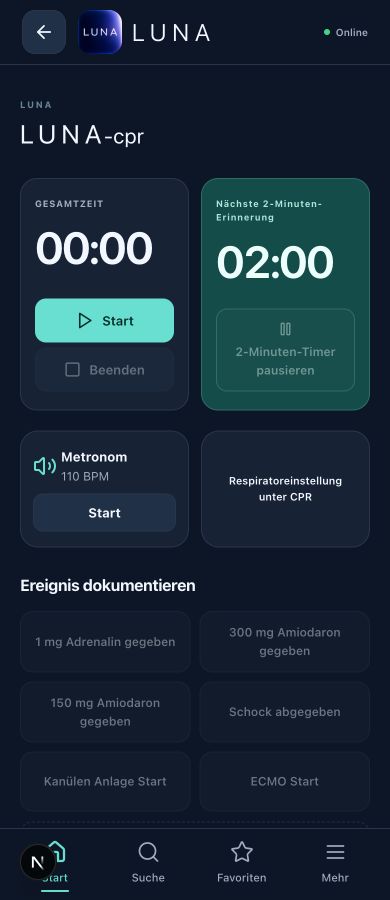 Echte Ansicht des LUNA-cpr Reanimationstools mit Gesamtzeit und Zwei-Minuten-Timer