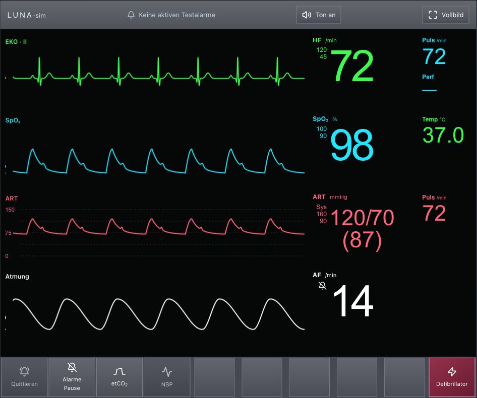 Echter LUNA-sim Patientenmonitor mit EKG, Sauerstoffsättigung, Blutdruck und Atmung